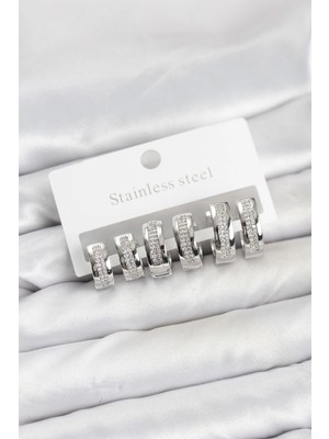 SHC4200 Bfs 316L Çelik Gümüş Renk Zirkon Taşlı Halka Küpe Seti