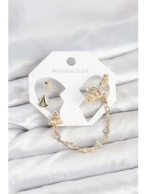 SHC4200 Bfs Pirinç Gold Renk Yıldızlı Model Zincir Bağlantılı Ear Cuff Küpe Seti