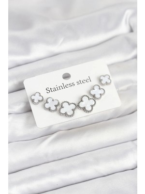 LaraTech 316L Çelik Gümüş Beyaz Renk 3 Boy Yonca Küpe Seti