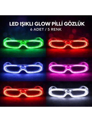 Marsilyan LED Işıklı Glow Pilli Parti Gözlüğü - Glow Efektli 6 Adet 5 Renk (4887)