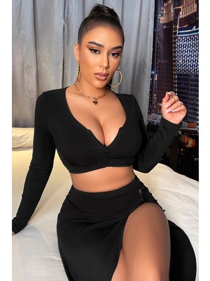 MiraLive Kadın Siyah Uzun Kol Göğüs ve Göbek Dekolteli Fermuarlı Crop Top Bluz