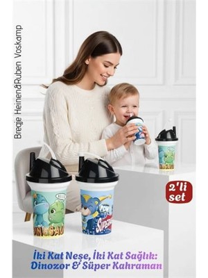 MiraLive Çocuk Pipetli Bardak Seti 2'li Dinozor & Süper Kahraman Ikili Eğlenceli Kapaklı Suluk Matara 300 ml