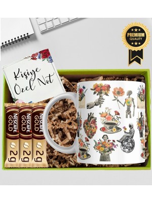 Kupa Bardak Sanat Çiçekli Temalı Kupa Bardak Kahve Hediye Seti Kutup Kitap