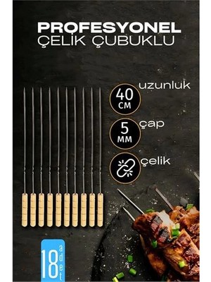 SHC4200 Bfs Çelik Şiş Çubuğu - Mangal Şişi Ahşap Saplı Kebap Şişi 18 Adet