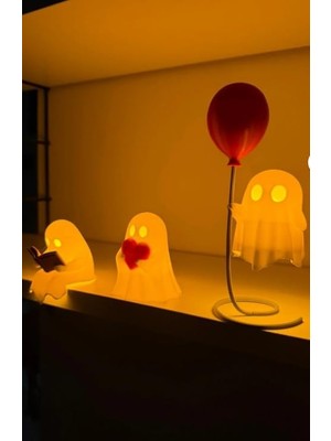 Gfc Life Store 3'lü Set Beyaz LED Hayalet Biblo, Dekoratif Masa Üstü Lamba, Okuyan-Kalpli-Balonlu Tasarım