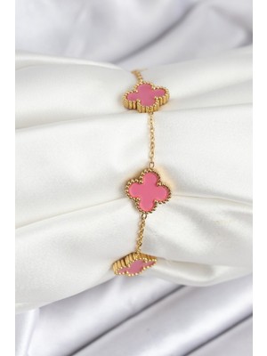 Ayder Timya 316L Çelik Gold Zincir Pembe Yonca Renk Bileklik - TJ-BB7908 TG/Tmya1395 225037