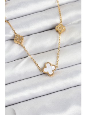 Ayder Timya 316L Çelik Zincir Gold Renk Beyaz ve Zirkon Taşlı Yonca Kadın Kolye - TJ-BKO10590 TG/Tmya1395 225091