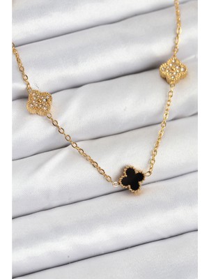 Ayder Timya 316L Çelik Zincir Gold Renk Siyah ve Zirkon Taşlı Baby Boy Yonca Kadın Kolye - TJ-BKO10592 TG/Tmya1395 225093