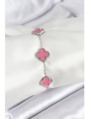 Ayder Timya 316L Çelik Gümüş Zincir Pembe Renk Yonca Bileklik - TJ-BB7909 TG/TMYA1395 225038