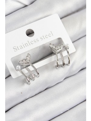 Ayder Timya Pirinç Zirkon Taşlı İnci Detaylı Balık Kuyruğu Model Gümüş Renk Kadın Küpe - TJ-BKP11094 TG/Tmya1395 224344