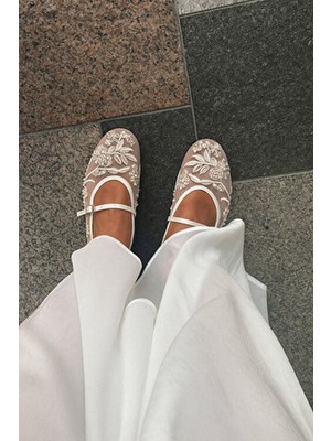 Nmoda Lüks Kadın Babet File Nakış Ve Boncuk Detaylı Düz Tabanlı Şık Ayakkabı