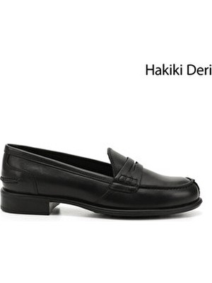 GÖNDERİ Kadın Siyah Dolgu Taban Hakiki Deri Loafer Ayakkabı 5,5 cm Topuklu Konforlu Tasarım