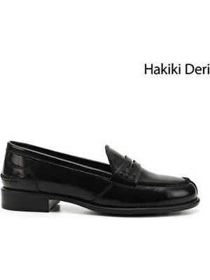 GÖNDERİ Kadın Siyah Rugan Loafer Ayakkabı 2,5 Cm Topuklu Tokalı Konforlu Tasarım