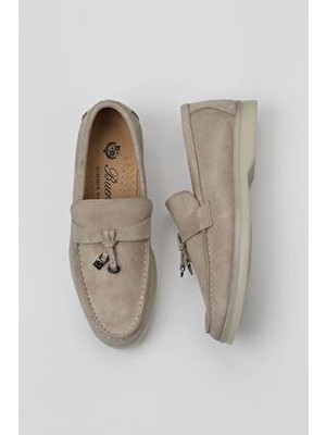Bueno Shoes Bej Süet Erkek Klasik Ayakkabı Deri Malzeme İle Düz Taban Tasarımı