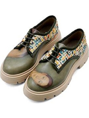 Dogo Kadın Vegan Deri Krem Ayakkabı - Painting Of A Lady Tasarım Kısa Topuklu Renkli