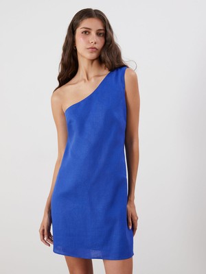 Lc Waikiki Yeni Sezon Tek Omuz %100 Keten Mini Elbise