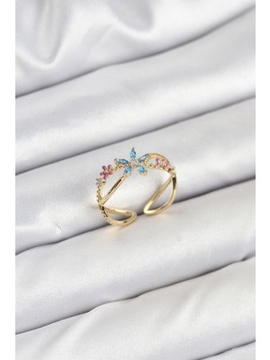 Ayder Timya Pirinç Gold Renk Zirkon Taşlı Mavi Çiçekli Kadın Yüzük - TJ-BYK3834 TG/Tmya1395 225599