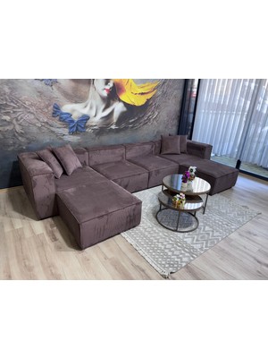 Erduran Mobilya Angelo 6 Modül Acı Kahve Fitilli Kadife Köşe Koltuk Takımı