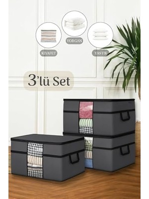 3 Adet Pencereli Yastık Saklama Hurcu - Boy Yorgan Hurç Organizer Düzenleyici - 75 x 40 x 40 cm Antrasit