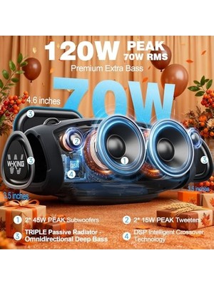 W-Kıng Subwoofer ile Taşınabilir Loud Bluetooth Hoparlör, 70W Taşınabilir Açık Hoparlörler Bluetooth Kablosuz Su Geçirmez, Üçlü Pasif Radyatörler-Derin Bas/hi-Fi SES/DSP/42H/GÜÇ