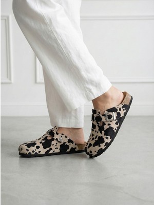 Mycorni Kadın Hakiki Deri Boston Model Inek Desenli Anatomik Mantar Tabanlı Sabo Terlik