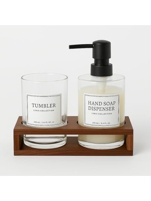 Akasya Ahşap Altlıklı Cam Sabunluk ve Koku Şişesi Seti – Şık Banyo Aksesuarı, Pompalı Sıvı Sabunluk & Oda Kokusu Haznesi, Modern Tasarım