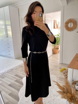 Yaman Market Kadın Uzun Truvakar Kol Bisiklet Yaka Midi Modal Elbise