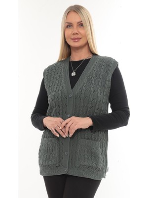 İKSUN Kadın V Yaka Kışlık Kalın Yün Zincir Modelli Triko Düğmeli Cepli Anne Yelek