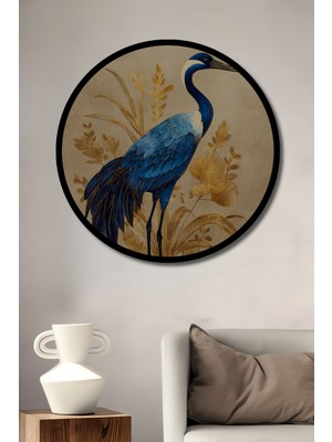 Petmudo AVM Büyüleyici Mavi Turna Kuşu Sulu Boya Görünümlü Sanat Tablo Yuvarlak Duvar Tablosu Çerçeve Görünümlü