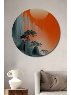 Petmudo AVM Turuncu Gün Batımı Dağ Manzarası Sulu Boya Görünümlü Sanat Tablosu Yuvarlak Duvar Tablosu