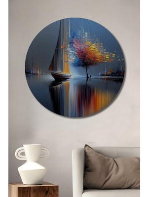 Petmudo AVM Ahşap Üzerine Yağlı Boya Görünüm Yelkenli ve Renkli Ağaç Soyut Sanat Ahşap Tablo Yuvarlak Tablo
