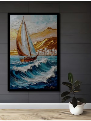 Petmudo AVM Altın Vurgulu Yelkenli Tekne Manevi Deneyim Antre,ofis,mutfak,yatak Odası Tablosu Çerçeve Görünümlü