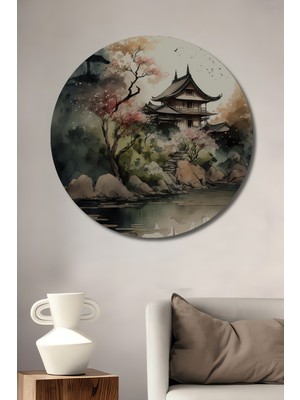 Petmudo AVM Japon Tapınağı Sulu Boya Görünümlü Ahşap Dekoratif Tablo Yuvarlak Duvar Tablosu