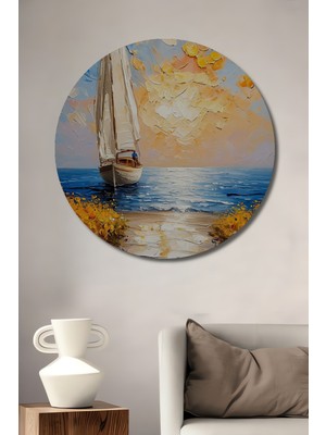 Petmudo AVM Yelkenli Tekne Manzarası Yağlı Boya Görünümlü Ahşap Dekoratif Tablo Yuvarlak Duvar Tablosu