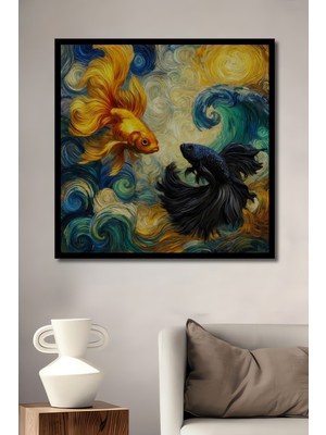 Petmudo AVM Altın ve Siyah Betta Balıkları Yağlı Boya Görünümlü Modern Sanat Ahşap Tablo Çerçeve Görünümlü