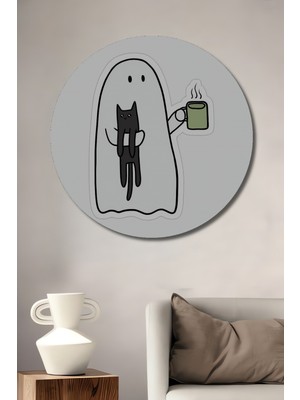 Petmudo AVM Siyah Kedi ve Hayalet Sohbeti Karakalem Görünümlü Dekoratif Ahşap Tablo Yuvarlak Duvar Tablosu