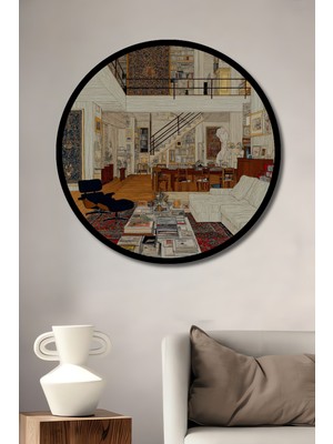 Petmudo AVM Klasik Ev Tasarımı Yağlı Boya Görünümlü Ahşap Tablo Yuvarlak Duvar Tablosu Çerçeve Görünümlü