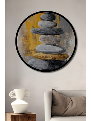 Petmudo AVM Denge Taşları Yağlı Boya Görünümlü Soyut Sanat Ahşap Tablo Yuvarlak Duvar Tablosu Çerçeve Görünümlü