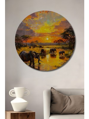 Petmudo AVM Afrika Gün Batımı Fil Sürüsü Yağlı Boya Görünümlü Ahşap Dekoratif Tablo Yuvarlak Duvar Tablosu