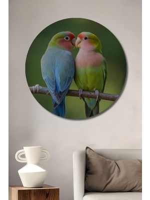 Petmudo AVM Aşk Kuşları Sulu Boya Görünümlü Dekoratif Ahşap Tablo Yuvarlak Duvar Tablosu