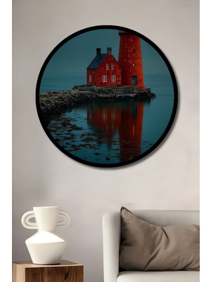 Petmudo AVM Kırmızı Deniz Feneri Sulu Boya Görünümlü Ahşap Tablo Yuvarlak Duvar Tablosu Çerçeve Görünümlü
