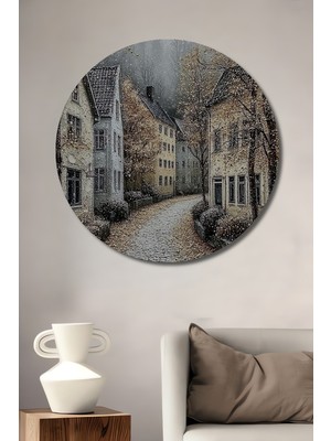 Petmudo AVM Sonbahar Sokağı Yağlı Boya Görünümlü Dekoratif Ahşap Tablo Yuvarlak Duvar Tablosu