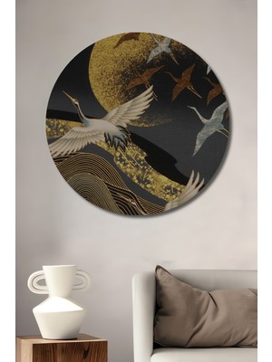 Petmudo AVM Altın Ay ve Uçan Turnalar Sulu Boya Görünümlü Dekoratif Ahşap Tablo Yuvarlak Duvar Tablosu