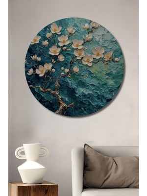 Petmudo AVM Yağlı Boya Görünümlü Beyaz Çiçekli Ağaç Dekoratif Ahşap Tablo Yuvarlak Duvar Tablosu