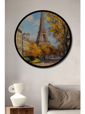 Petmudo AVM Eyfel Kulesi Sonbahar Yağlı Boya Görünümlü Ahşap Tablo Yuvarlak Duvar Tablosu Çerçeve Görünümlü