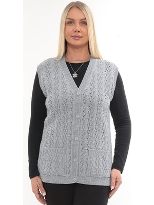 İKSUN Kadın V Yaka Kalın Yün Kaz Ayağı Modelli Triko Düğmeli Cepli Anne Yelek