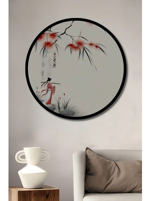 Petmudo AVM Narin Çiçekli Bambu Dallarında Geleneksel Çin Güzeli Ahşap Tablo Yuvarlak Tablo Çerçeve Görünüm