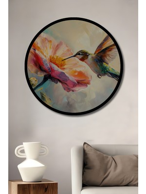 Petmudo AVM Muhteşem Kolibiri ve Pastel Çiçek Yağlı Boya Görünümlü Ahşap Tablo Yuvarlak Tablo Çerçeve Görünümlü