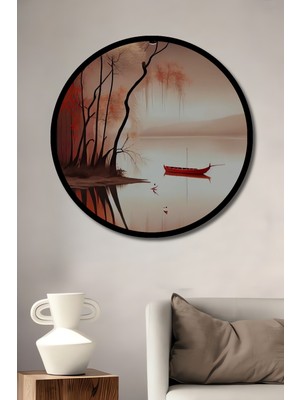 Petmudo AVM Oriental Manzara Kırmızı Tekne Sulu Boya Görünüm Ahşap Tablo Yuvarlak Duvar Tablosu Çerçeve Görünüm