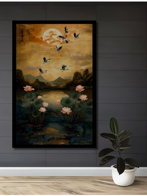 Petmudo AVM Sulu Boya Görünümlü Leylaklı Gölde Turna Kuşu Dansı Ahşap Ev,antre,ofis Tablo Çerçeve Görünümlü